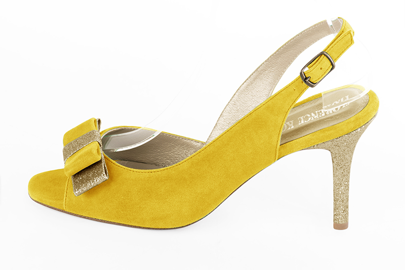Yellow women's slingback sandals. Round toe. High slim heel. Profile view - Florence KOOIJMAN